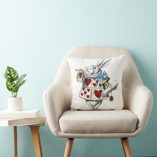 White Rabbit Alice Wonderland Hearts Throw Pillow