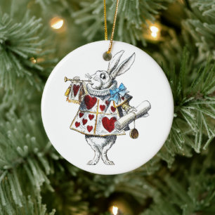White Rabbit Alice Wonderland Rabbit of Hearts Ceramic Ornament