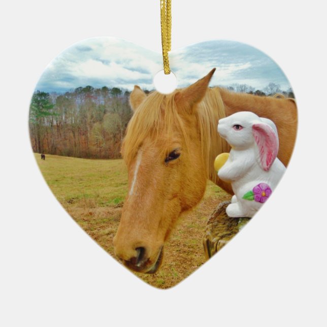White rabbit and blonde yellow horse ceramic ornament (Front)