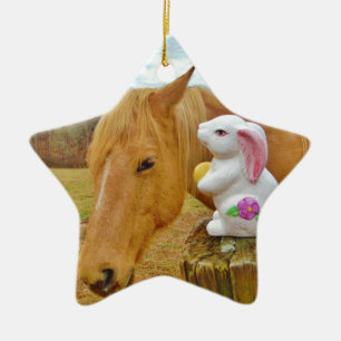 White rabbit and blonde yellow horse ceramic ornament