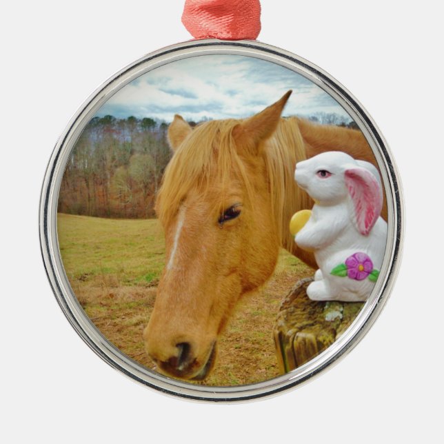 White rabbit and blonde yellow horse metal ornament (Front)