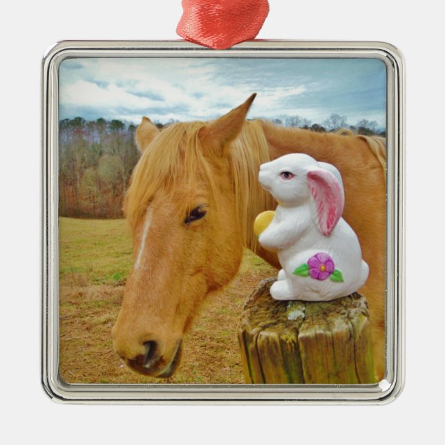 White rabbit and blonde yellow horse metal ornament (Front)