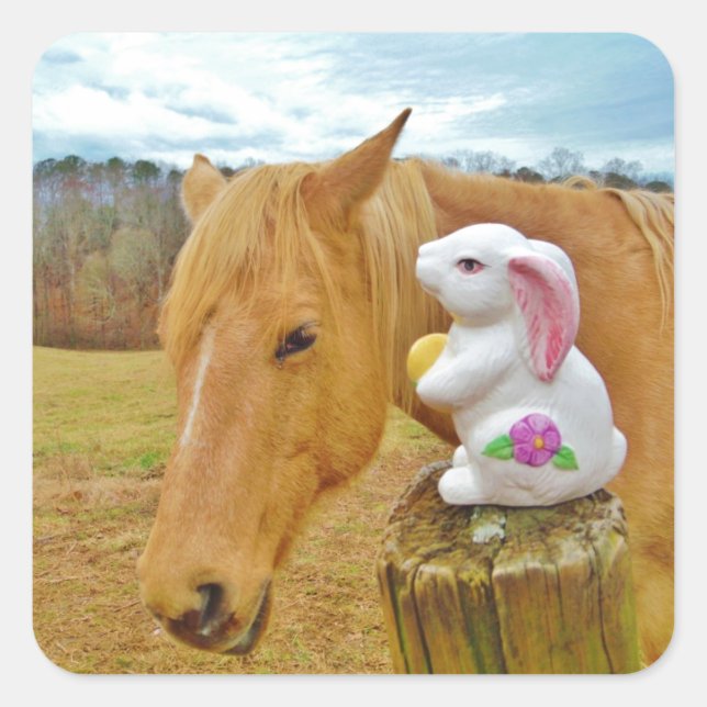 White rabbit and blonde yellow horse square sticker (Front)