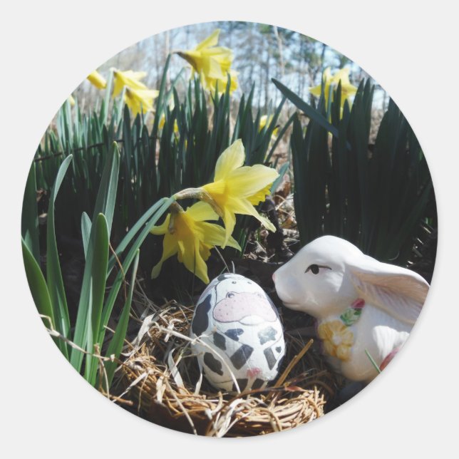 White rabbit and cow egg classic round sticker (Front)