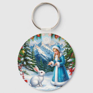 White Rabbit and Snow Maiden in Winter Woodland Keychain