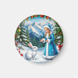 White Rabbit and Snow Maiden in Winter Woodland Magnet