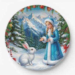 White Rabbit and Snow Maiden in Winter Woodland Paper Plate