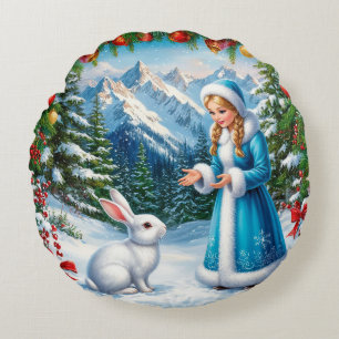 White Rabbit and Snow Maiden in Winter Woodland Round Pillow