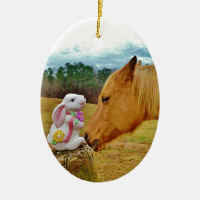 White Rabbit and Yellow Horse Ceramic Ornament (Front)