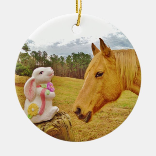 White Rabbit and Yellow Horse Ceramic Ornament (Front)