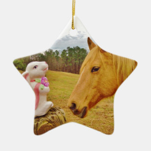 White Rabbit and Yellow Horse Ceramic Ornament