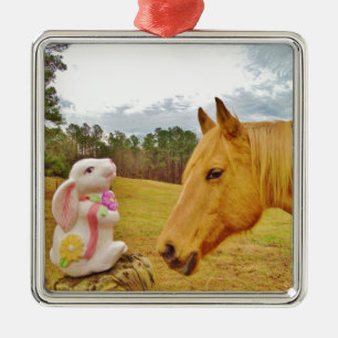 White Rabbit and Yellow Horse Metal Ornament
