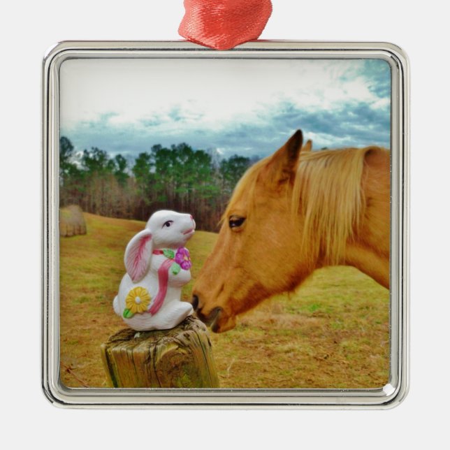 White Rabbit and Yellow Horse Metal Ornament (Front)