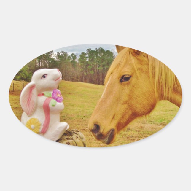 White Rabbit and Yellow Horse Oval Sticker (Front)