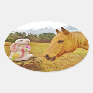 White Rabbit and Yellow Horse Oval Sticker