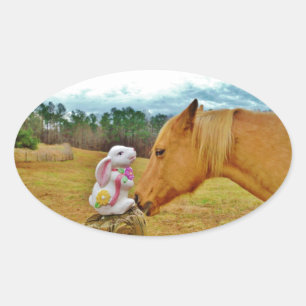 White Rabbit and Yellow Horse Oval Sticker