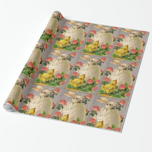 WHITE RABBIT,CHICKEN,PINK FLOWERS AND EASTER EGG WRAPPING PAPER