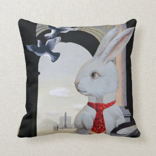 White Rabbit Goes to Paris - Anthropomorphic Art Throw Pillow