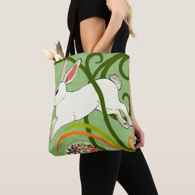 White Rabbit Green Art Deco Tote Purse Vines (Close Up)