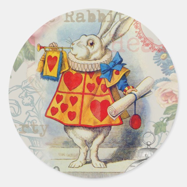 White Rabbit Hearts Alice Classic Classic Round Sticker (Front)
