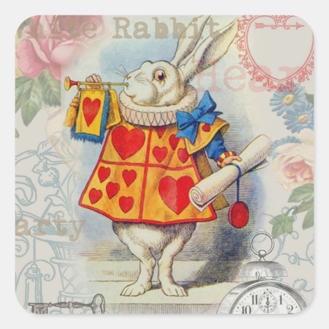 White Rabbit Hearts Alice Classic Square Sticker (Front)