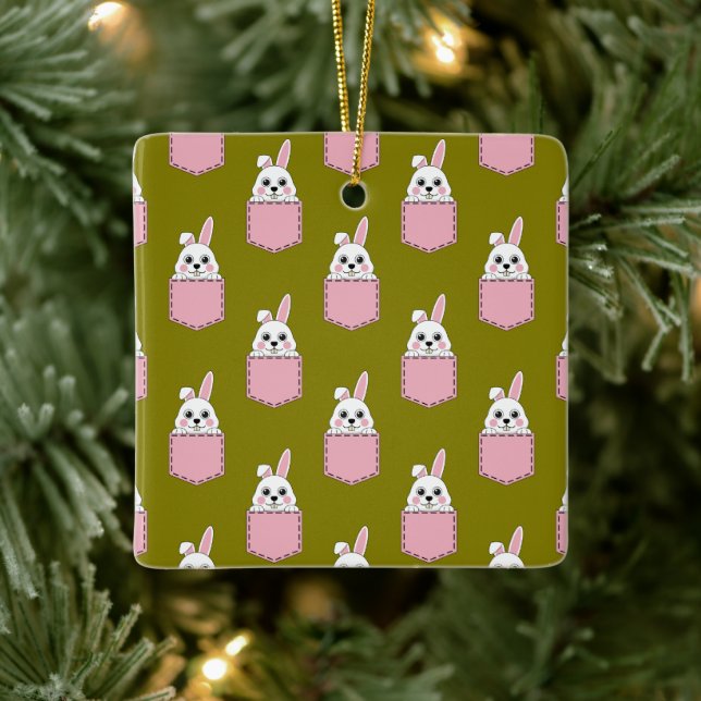 White Rabbit in Pink Pocket Pattern Ceramic Ornament (Tree)