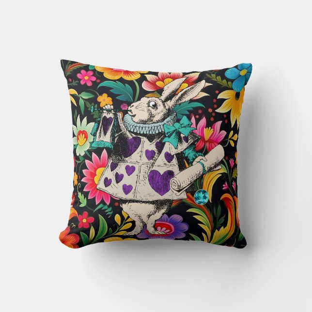 White Rabbit in Purple on Colourful Floral Throw Pillow (Front)
