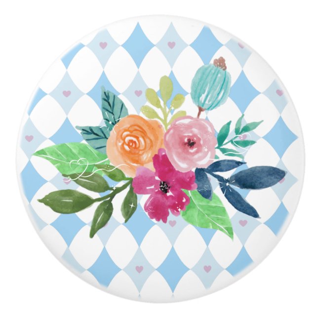 White Rabbit in Wonderland blue diamonds Ceramic Knob (Front)