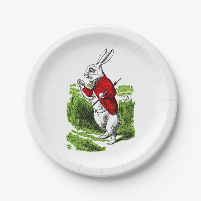 White Rabbit looking at watch. Illustration Paper Plate (Front)