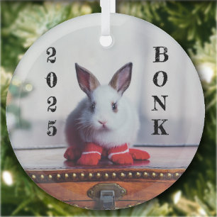 White rabbit on antique Wooden trunk Glass Ornament