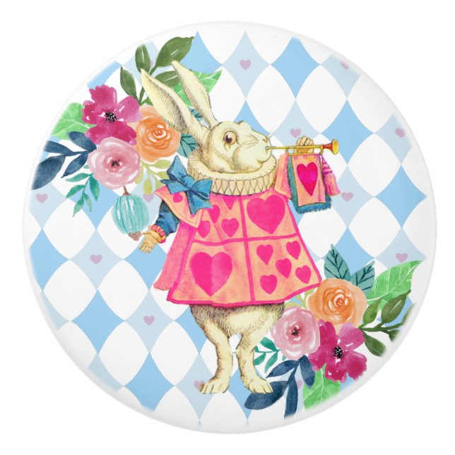 White Rabbit on Blue Diamonds Ceramic Knob (Front)