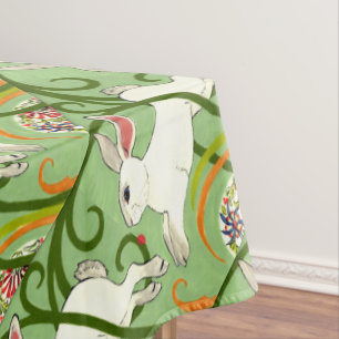 White Rabbit on Green Tiled Home Decor Tablecloth