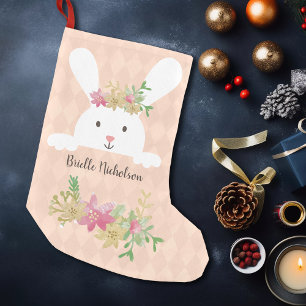 White Rabbit Pink Gold Poinsettia Floral Peach Small Christmas Stocking