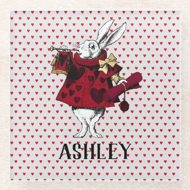 White Rabbit Queens Garb Personalized  Glass Coaster (Front)