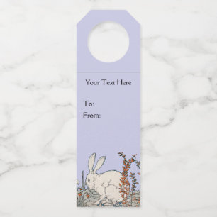 White Rabbit Sitting in Orange Flowers Light Blue Bottle Tag