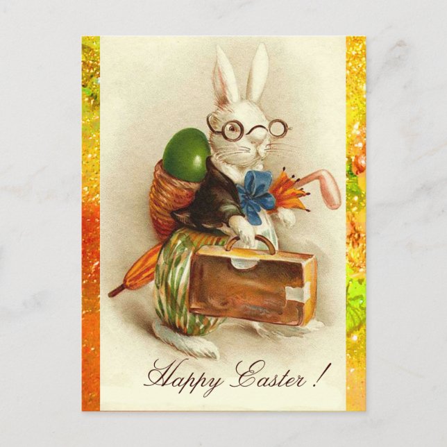WHITE RABBIT TRAVELING WITH EASTER EGG HOLIDAY POSTCARD (Front)