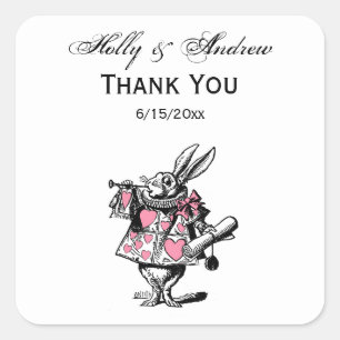 White Rabbit Trumpeter Alice Adv Wonderland Pink Square Sticker