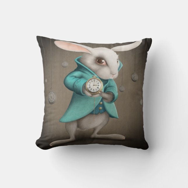 white rabbit with clock throw pillow (Front)