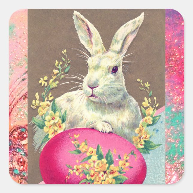 WHITE RABBIT WITH EASTER EGG AND SPRING FLOWERS SQUARE STICKER (Front)
