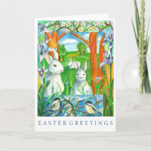 White Rabbits Chickadee Birds Happy Easter Holiday Card