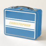 White Racing Stripes Gold Monogram Boys Kids Blue Metal Lunch Box<br><div class="desc">Create your own custom, personalized, cool, classy, stylish, classic, white racing stripes design, faux gold typography / script / font monogram monogrammed, modern, chic, adorable, durable food safe tin plate, food contact safe interior material, classic style kids girls boys light blue metal school lunch box with collapsible black plastic handles....</div>