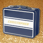 White Racing Stripes Gold Monogram Kids Boys Blue Metal Lunch Box<br><div class="desc">Create your own custom, personalized, cool, classy, stylish, classic, white racing stripes design, faux gold typography / script / font monogram monogrammed, modern, chic, adorable, durable food safe tin plate, food contact safe interior material, classic style kids girls boys blue metal school lunch box with collapsible black plastic handles. Simply...</div>