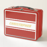 White Racing Stripes Gold Monogram Kids Boys Red Metal Lunch Box<br><div class="desc">Create your own custom, personalized, cool, classy, stylish, classic, white racing stripes design, faux gold typography / script / font monogram monogrammed, modern, chic, adorable, durable food safe tin plate, food contact safe interior material, classic style kids girls boys red metal school lunch box with collapsible black plastic handles. Simply...</div>