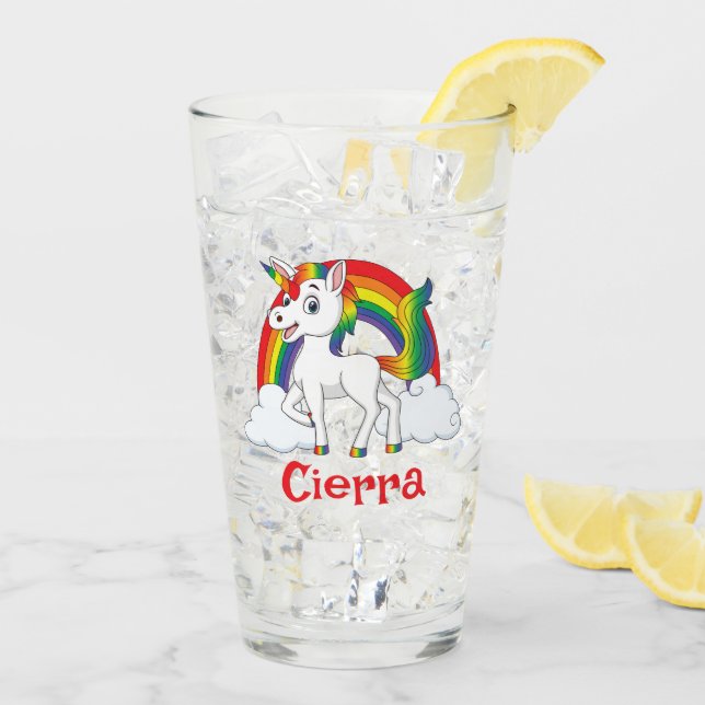 White & Rainbow Unicorn Personalized Name Glass (Back Ice)