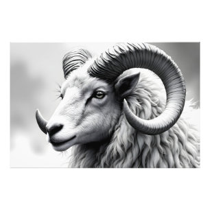 White Ram in Black and White Photo Print