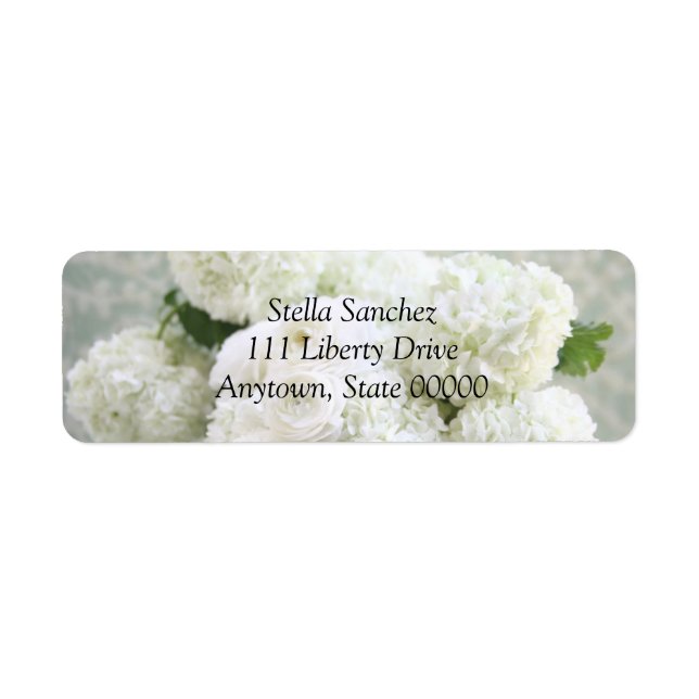 White ranunculus and hydrangeas address label (Front)