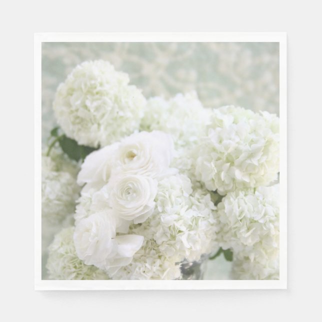 White ranunculus flowers with hydrangeas napkin (Front)