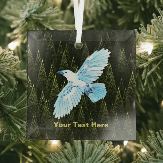 White Raven on Fractal Conifers Glass Ornament (Insitu)