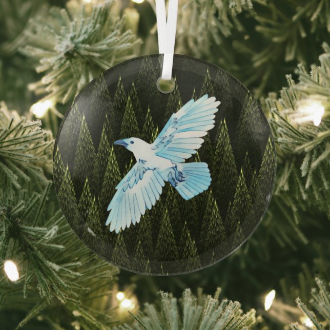 White Raven on Fractal Conifers Glass Ornament (Insitu)