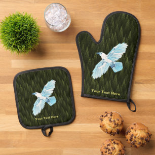 White Raven on Fractal Conifers Oven Mitt & Pot Holder Set